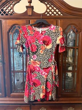 NY Collection B Pink Floral & Leopard Mock Wrap Dress